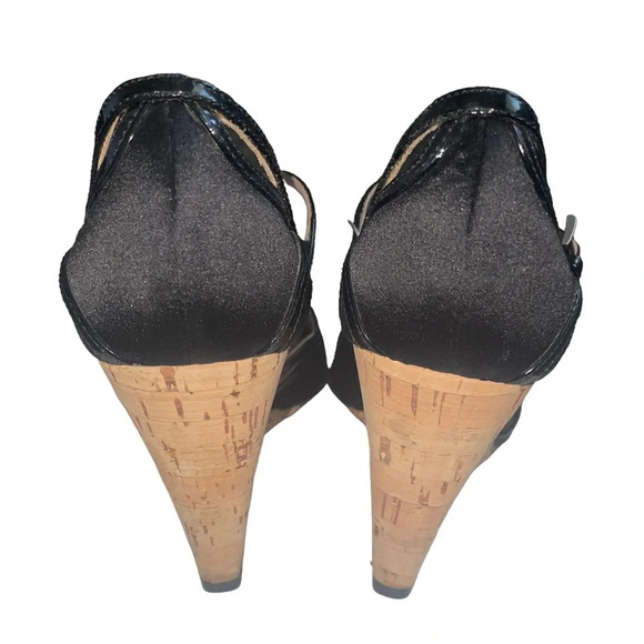 PRADA Black Satin Concho Wedges Sandals Size 5.5 - Picture 4 of 10